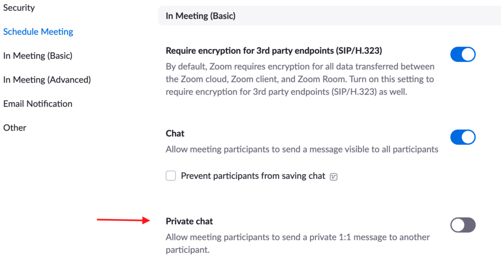 Settings for Private Chat in Zoom