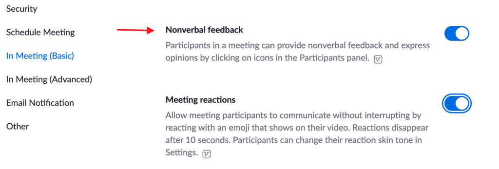 Settings for Nonverbal feedback in Zoom